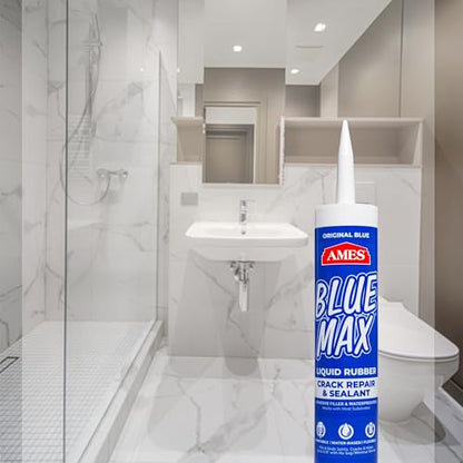 Ames Blue Max® Liquid Rubber Crack Repair & Sealant - 10.1 Ounce Cartridge Paintable Waterproof Sealant - Perfect for Shower and Tub Details, Filling Large Cracks, Holes and Gaps in Concrete