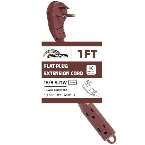 3-Outlets Flat Plug Indoor Extension Cord Outlet Extender, UL Certified, 16 Gauge 1FT Brown 3 Prong Heavy Duty, 16/3 SJTW 13A Power Strip - color: Brown, size: 1FT, style: 16/3