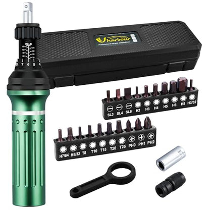 Torque Screwdriver 10-80 in.lb, Torque Screwdriver Set with 1/4" Elastic Bit Holder, 1/4" Bit Adapter, Flat, Hex, Torx and Philips Bits, Suitable for Gunsmithing, DIY, Bicycle Maintenance - size: 10-80 in-lb torque screwdriver set