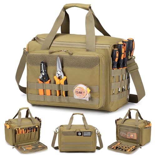 KSIBNW Tool Bag 14-Inch, Heavy Duty Tool Organizer Tote for Men, Tactical Hand Bag, Storage Organizer Pouch for Electrician, Repairman, Carpenters, Mechanics, Plumbers, Handyman, Khaki - color: Brown