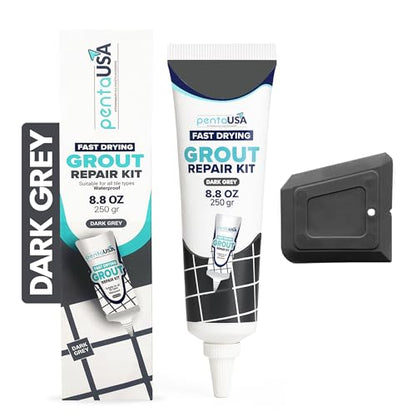 PentaUSA Tile Grout Repair Kit - Premixed Acrylic Sanded Grout for Bathroom, Shower & Kitchen, Water-Resistant Tube with Applicator, Fills Cracks and Gaps in Lines, Dark Gray (8.8oz/250gr) - color: Dark Grey