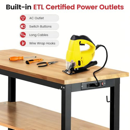 ENJOYWOOD 60" x 22" Heavy Duty Workbench Adjustable Height Garage Work Table with Solid Rubberwood Top, Pegboard & Power Outlets for Workshop, Home & Office - size: XXX-Large