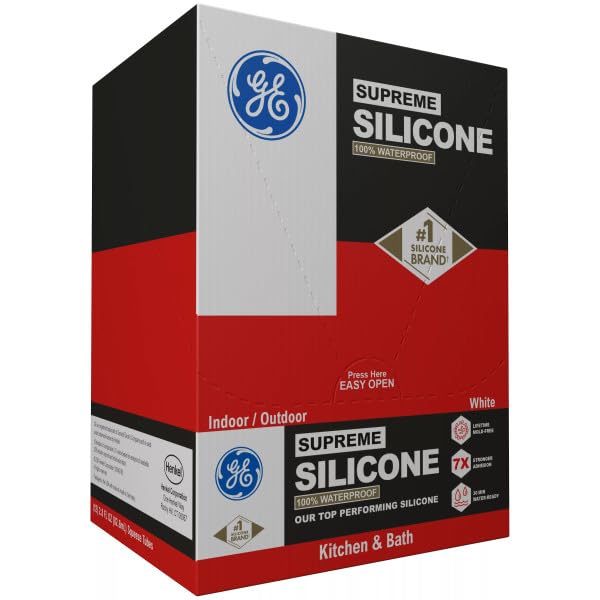 GE Supreme Silicone Caulk for Kitchen & Bathroom, White, 2.8 fl oz Tube, 12 Pack - 100% Waterproof Silicone Sealant, 7X Stronger Adhesion, Shrink & Crack Proof - size: Pack of 12