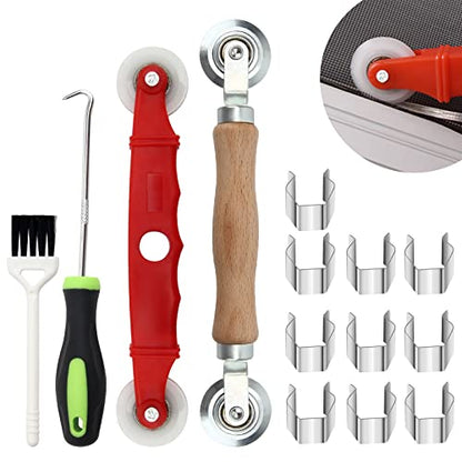 14Pcs Screen Repair Kit, Screen Repair Spline Tool 2Pcs Screen Rolling Tool with Bearing Spline Tools/Screen Spline Removal Hook/Groove Cleaning Brush/ 10Pcs Screen Installer Clips