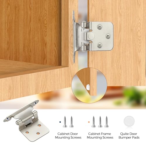 4 Pack (2 Pairs) Brushed Nickel Cabinet Hinges for Kitchen Doors, Self-Closing, 1/2 Inch Overlay (Variable), Semi-Concealed Face Frame, Surface Mount Cabinet Hardware, Silver - color: Brushed Nickel