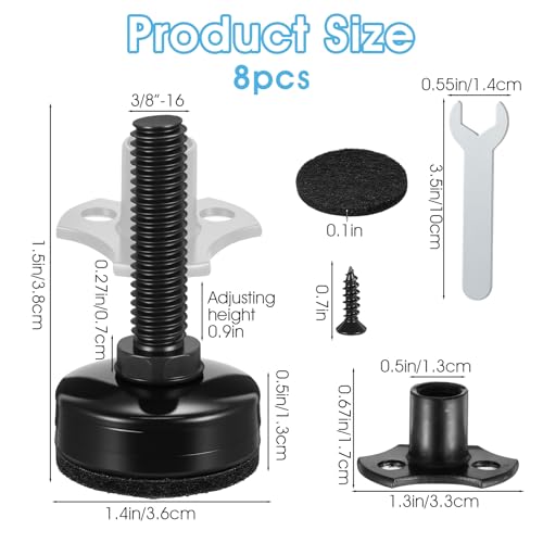 Heavy Duty Furniture Levelers, 3/8"-16 Thread Adjustable Leveling Feet with T-Nut Kit, for Tables, Chairs, Cabinets, Sofa, Workbench, Supports 2640LBs, 8 Pack, Black