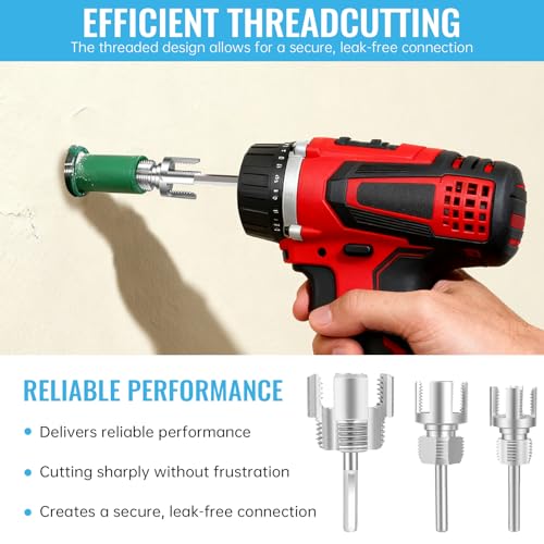 3PCS Integrated Internal & External Pipe Threader Tool for Electric Drill, NPT Thread Maker 1/2", 3/4", 1" with 2 Rolls PTFE Tape, PVC Plastic Pipe Threading Kit for Plumbing and Home Repairs