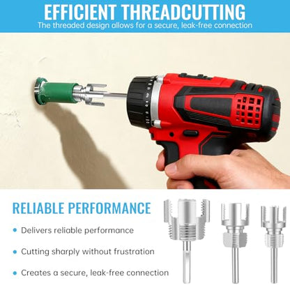 3PCS Integrated Internal & External Pipe Threader Tool for Electric Drill, NPT Thread Maker 1/2", 3/4", 1" with 2 Rolls PTFE Tape, PVC Plastic Pipe Threading Kit for Plumbing and Home Repairs