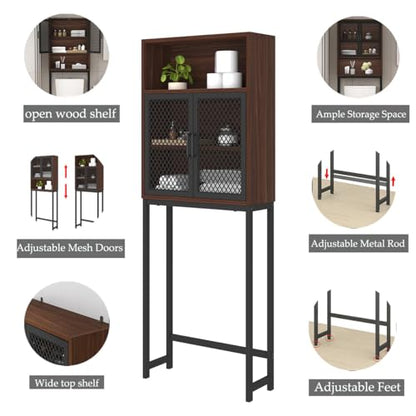 Launica Over The Toilet Storage Cabinet, Bathroom Organizer Over Toilet, Wood Metal Industrial Bathrooms Space Saver Shelf, Freestanding Bathrooms Cabinet Above Toilet with Rack, Walnut - color: Walnut