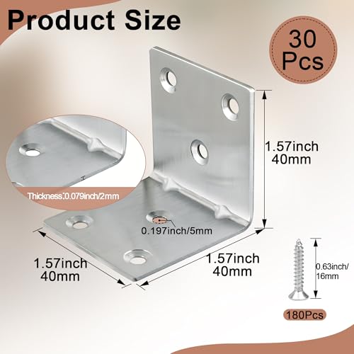 30 Pack Angle Brackets, 1.5" x 1.5" Silver Heavy Duty Stainless Steel Corner Brace, L Shaped Shelf Bracket 90 Degree Corner Bracket for Wood Furniture Cabinets Shelves - size: 1.5"x1.5"(silver)
