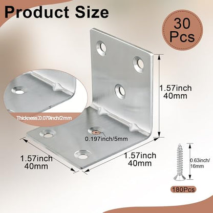 30 Pack Angle Brackets, 1.5" x 1.5" Silver Heavy Duty Stainless Steel Corner Brace, L Shaped Shelf Bracket 90 Degree Corner Bracket for Wood Furniture Cabinets Shelves - size: 1.5"x1.5"(silver)