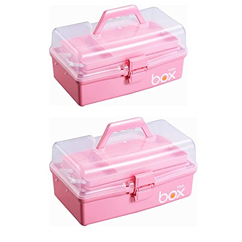 Kinsorcai 2PCS 12'' Three-Layer Clear Plastic Storage Box/Tool Box, Multipurpose Organizer and Portable Handled Storage Case for Art Craft and Cosmetic (Pink) - color: pink, size: 2PCS