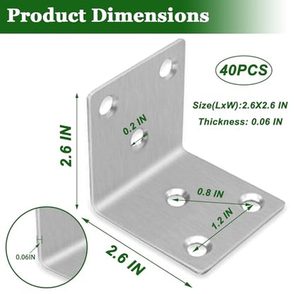 40PCS L Bracket Corner Braces, 304 Stainless Steel Shelf Bracket for Wood, Shelves, Bookshelf Support 90° L Shape Joint Angle Brackets.(Silver,2.6X1.89X0.08IN) - size: 2.6X1.89X0.08IN