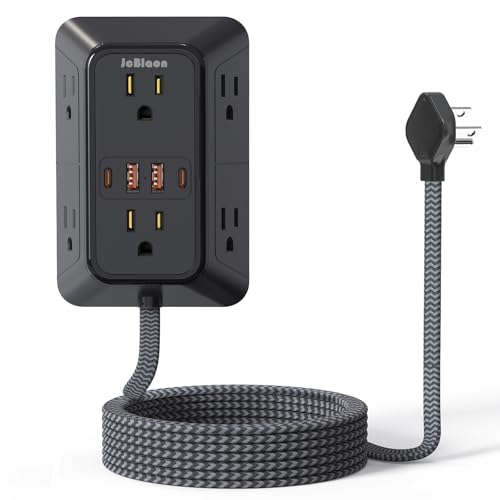 Surge Protector Power Strip with 6 Widely AC Outlets 4 USB Ports(2 USB C), 5 Ft Braided Power Cord, 3-Side Outlet Extender with Overload Protection for Office, Home, Travel Essential - color: Black wiht 5FT Cord