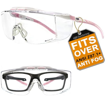 HTS HUNTERSKY ANSI Z87.1+ Anti Fog Lab Safety Glasses Fit Over Eyeglasses Up to 1.88 inch 100% UV Protective OTG Goggles - color: 3906c White-pink / Clear Lens