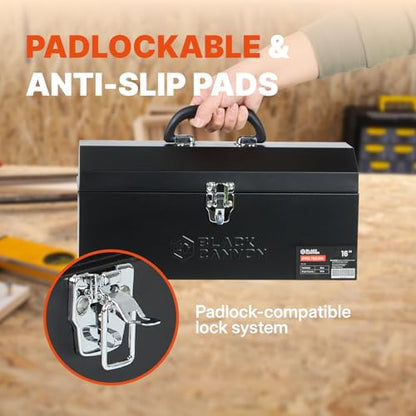 Black Canyon 16 Inch Tool Box, Metal Tool Box, 0.8mm Carbon Steel, Portable&Padlockable, 4 Non-Slip Foot Pads, Ideal for Trailer, Mechanic, DIY-ers, Car Toolbox, Workshops, Garages, Repair Shops - size: 16-1/8 in