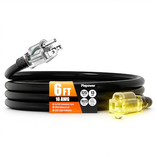 6 FT Outdoor Extension Cord Waterproof, 16/3 Gauge Heavy Duty 3 Prong Power Cord with Lighted Indicator End, 13A 125V 1625W SJTW, ETL Listed, Great for Lawn/Garden/Home(Black) - color: Black, size: 6 FT