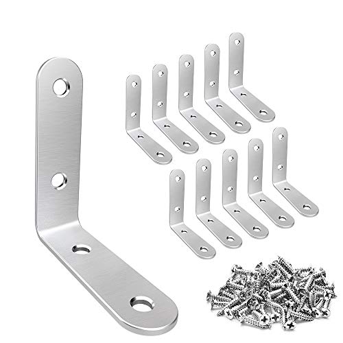 LuckIn 20 Pcs L Bracket Stainless Steel Corner Brace Sets, 90 Degree Right Angle Shelf Brackets with Screws for Wood Furniture, Chairs, Table, 50mm x 50mm, Silver, 2 Inch