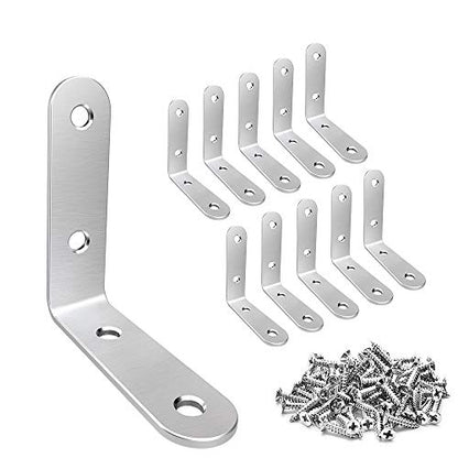 LuckIn 20 Pcs L Bracket Stainless Steel Corner Brace Sets, 90 Degree Right Angle Shelf Brackets with Screws for Wood Furniture, Chairs, Table, 50mm x 50mm, Silver, 2 Inch