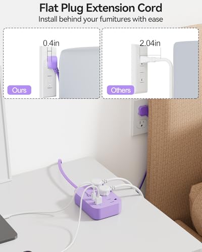 Purple Extension Cord with 3 Outlets & 3 USB(1 USB C), Cute Small Extension Cord 5ft, Travel Power Strip Flat Plug with USB Charging Station, Compact for Cute Purple Kawaii Lavender Desk Accessories - size: 5FT-Purple