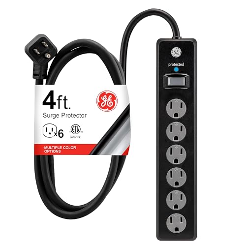 GE Surge Protector Power Strip, 4 Ft Extension Cord, 6 Outlet Extender, 800 Joules, Flat Plug, Twist-to-Close Safety Covers, ETL Listed, Black, 33659 - color: Black, size: 4 Ft, style: 1 Pack