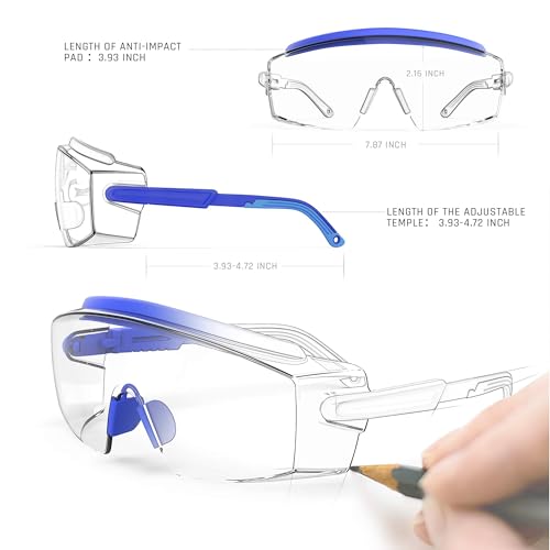 Anti Fog Safety Glasses Safety Goggles Over Glasses Protective Glasses with Anti Scratch Lenses Adjustable - color: Blue