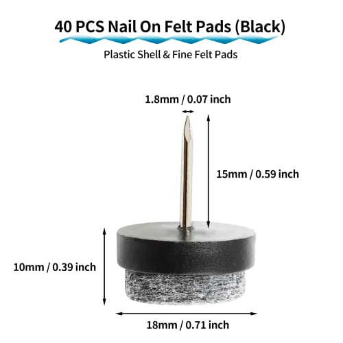 40 PCS Nail On Felt Pads for Chair Legs, 18mm Furniture Glides Chair Feet Protectors, Nail Furniture Sliders Table Felt Feet Plastic Chair Glides for Wood Floors (Black) - size: 18mm - Black
