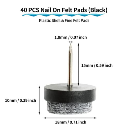 40 PCS Nail On Felt Pads for Chair Legs, 18mm Furniture Glides Chair Feet Protectors, Nail Furniture Sliders Table Felt Feet Plastic Chair Glides for Wood Floors (Black) - size: 18mm - Black