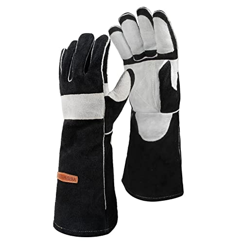 YESWELDER 16 Inches,932℉,Leather Forge MIG Welding Gloves, with Kevlar Stitching Heat/Fire Resistant, Palm Reinforcements, Black-Gray - size: Small (Pack of 1) one pair, style: Reinforced Palms and Fingers Black White