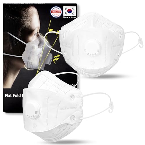 Particulate Respirator Mask with Valve, Flat Fold Design, Breathable Respirator Mask for Dust Sanding, Made in Korea - color: White 10