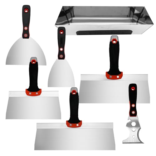 Drywall Knife Set, 7 Pcs Stainless Steel Tools Kit, Putty Knives Tapping Knife Multi-purpose Paint Scrapers with Mud Pan for Drywall Work - color: Black - a Set
