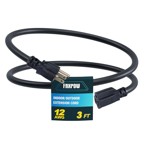 Indoor Extension Cord, 12 Gauge 3 Prong Weatherproof Heavy Duty Black Extension Cords, 12/3 SJTW 15A 3 FT Extension Cable for Garage, Garden and Home - color: Black, size: 3FT