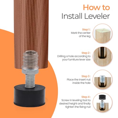 NEWBYTEK 1/4-20 Rubber Adjustable Furniture Leveler，8 Pack Leveling Feet Screws in Threaded, Feet Levelers Screw On Furniture Glide Leveling for Table, Chair, Furniture Legs - size: 1/4"-20 With Nuts, 8pcs