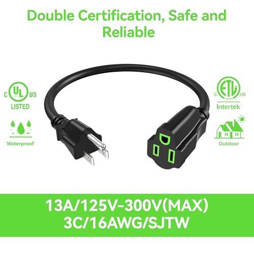 Power Extension Cord 20FT, 3 Prong Grounded Electric Extension Cable Outlet Saver, Single Outlet, Outside, Heavy Duty, Waterproof, Flexible, 16AWG, SJTW, 13A 125V, Outdoor & Indoor Power Wire (Black) - size: 20FT