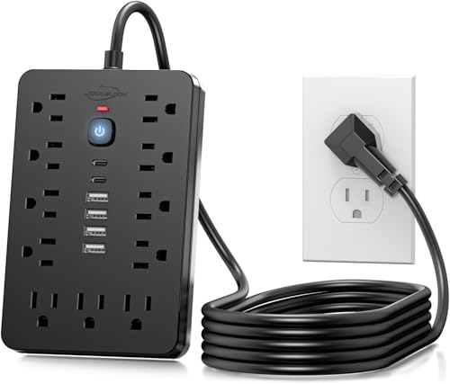 JouleLoom 15 FT Flat Plug Surge Protector Power Strip,11 Multiple AC Outlets with 6 USB Ports (2 USB C), 15 Feet Extension Cord, 1250W/10A, One Touch Switch Button, 17 in 1 Compact powerstrip - color: Black, size: 15FT