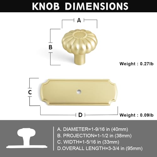 Brushed Brass Cabinet Knobs with Scalloped Backplate, Elegant Oversized Solid Zinc Alloy Drawer Knobs for Large Dresser, Heavy Duty Transitional Hardware, [Set of 6] - color: Brushed Brass, size: Oversized Knob