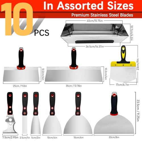 Drywall Hand Tool Kit, 10 Pieces Stainless Steel Drywall Knife Set Include Putty Knife, Taping Knifes, Painter Scraper, 14" Mud Pan & 6" Scoop for Joint Taping, Finishing, Patching - size: Drywall Knife Set, 10pcs