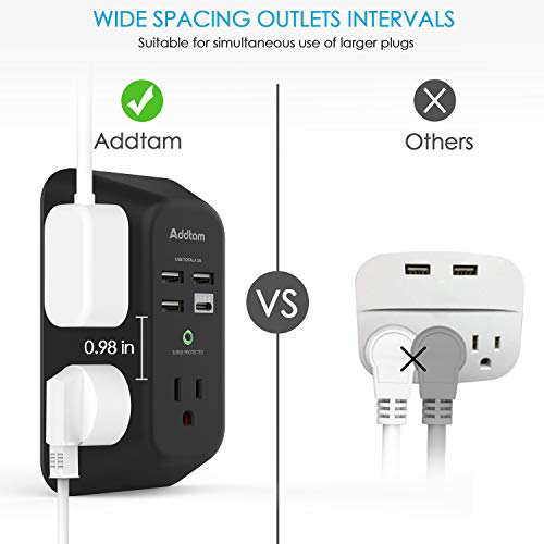 USB Wall Charger Surge Protector - Addtam 5 Outlet Extender with 4 USB Charging Ports (1 USB C), 3-Sided 1800J Power Strip Multi Plug Outlets Adapter Widely Spaced,Black - style: 1C3A