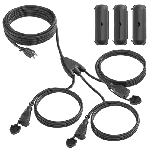 Banord Extension Cord 1 to 3 Splitter, Max 28FT End to End (40FT Total), with 3 Weatherproof Covers for Indoor and Outdoor, 16/3 SJTW Weatherproof Wire for Holiday Decoration Light, UL Listed, Black - color: Black, size: 40FT