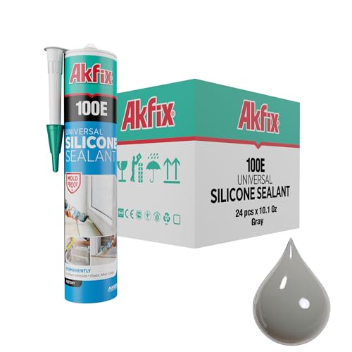 Akfix 100E RTV Grey Silicone Caulk (24x10.1 fl.oz.) - 100% Waterproof Silicone Sealant for Kitchen and Bathroom, Shower, Toilet, Sink, Window and Door, No Yellowing | Grey, 24 Pack - color: Grey, size: 24 Pack