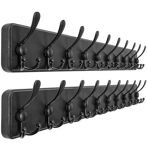 Dseap Coat Rack Wall - Heavy-Duty 38-1/4" Long, with Reinforced 10 Custom Tri-Hooks, Solid Wood Wall Hanger for Coats Hat Jackets - Rustic Farmhouse Entryway Storage, Black, Pack of 2 - color: Black, size: L=38.3"