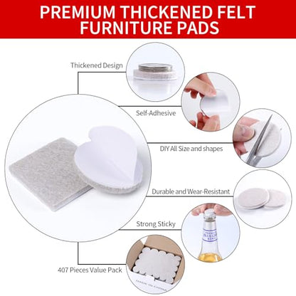 407 PCS Felt Furniture Pads for Hardwoods Floors, Self Adhesive Felt Pads for Chairs, Cuttable Anti-Scratch Furniture Feet Floor Protectors for Chair Sofa Bed Table Cabinet (Beige) - size: 407pcs Beige