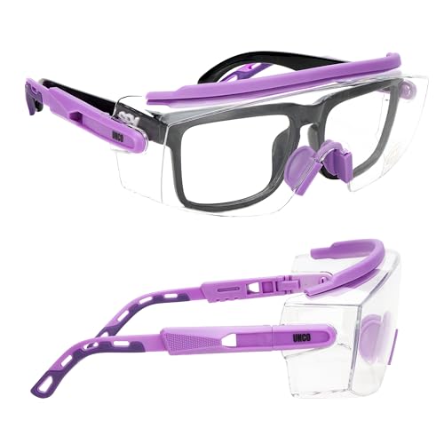 UNCO- Safety Goggles Over Glasses with Clear Wraparound Lens, Lavender Arms, Anti Fog Safety Glasses for Men and Women, Protective Eyewear