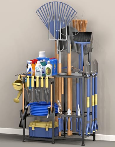 Garden Tool Organizer, Metal Yard Tool Organizer,Holds 70 Long-Handled Tools/Rakes/Brooms,Side Garden Pocket,Heavy Duty Steel Yard Tool Storage Rack for Garage,Shed, Outdoor(Black-Large) - color: Black-Large