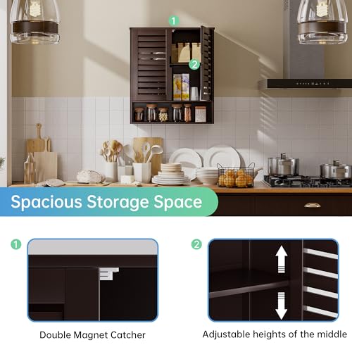 SMIBUY Bathroom Cabinet Wall Mounted, Bamboo Over-The-Toilet Storage Organizer, Space Saver Medicine Cabinet with 2 Door and Adjustable Shelves (Dark Brown) - color: Brown