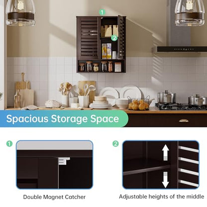 SMIBUY Bathroom Cabinet Wall Mounted, Bamboo Over-The-Toilet Storage Organizer, Space Saver Medicine Cabinet with 2 Door and Adjustable Shelves (Dark Brown) - color: Brown