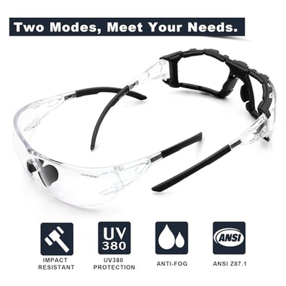 UKNOW Safety Glasses - Anti Fog Wraparound Lenses - Removable Foam Gasket - ANSI Z87.1 Protective Eyewear - Impact Resistant - color: Black