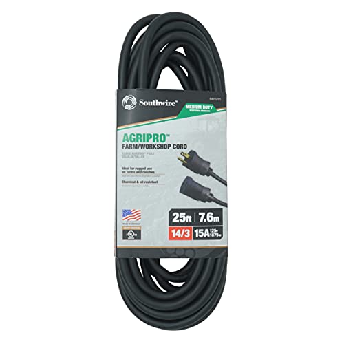 Southwire AgriPro Medium Duty Extension Cord - All-Copper Wire - Extra Durable Molded Plug - Cold Weather Rated - Oil & Chemical Resistant - UL Listed - Farm & Workshop Ready - 25 Foot - color: Black, size: 14/3 Gauge, style: 25 ft