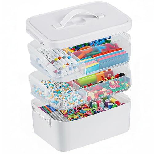 3-Layer Plastic Craft Organizers and Storage Box with Removable Trays, Storage Containers with lids and Handle, Art Supply Storage Organizer for Bead, Ornament, Nail Polish, Tape（10.62" x9"x7.67"） - color: White, size: 3 Layer-10.6 X 7.6 X 9 in