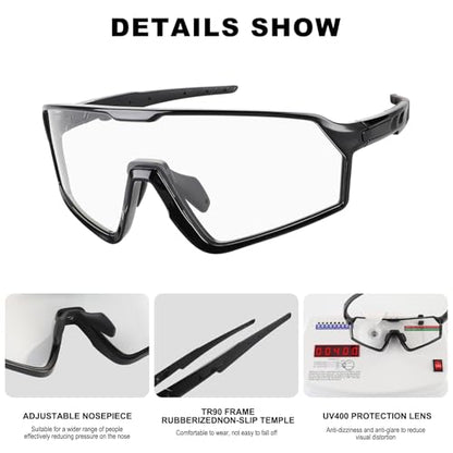 BangLong Photochromic Cycling glasses for Men Women, Clear Running MTB Sunglasses UV Protection - color: Black Frame-photochromic